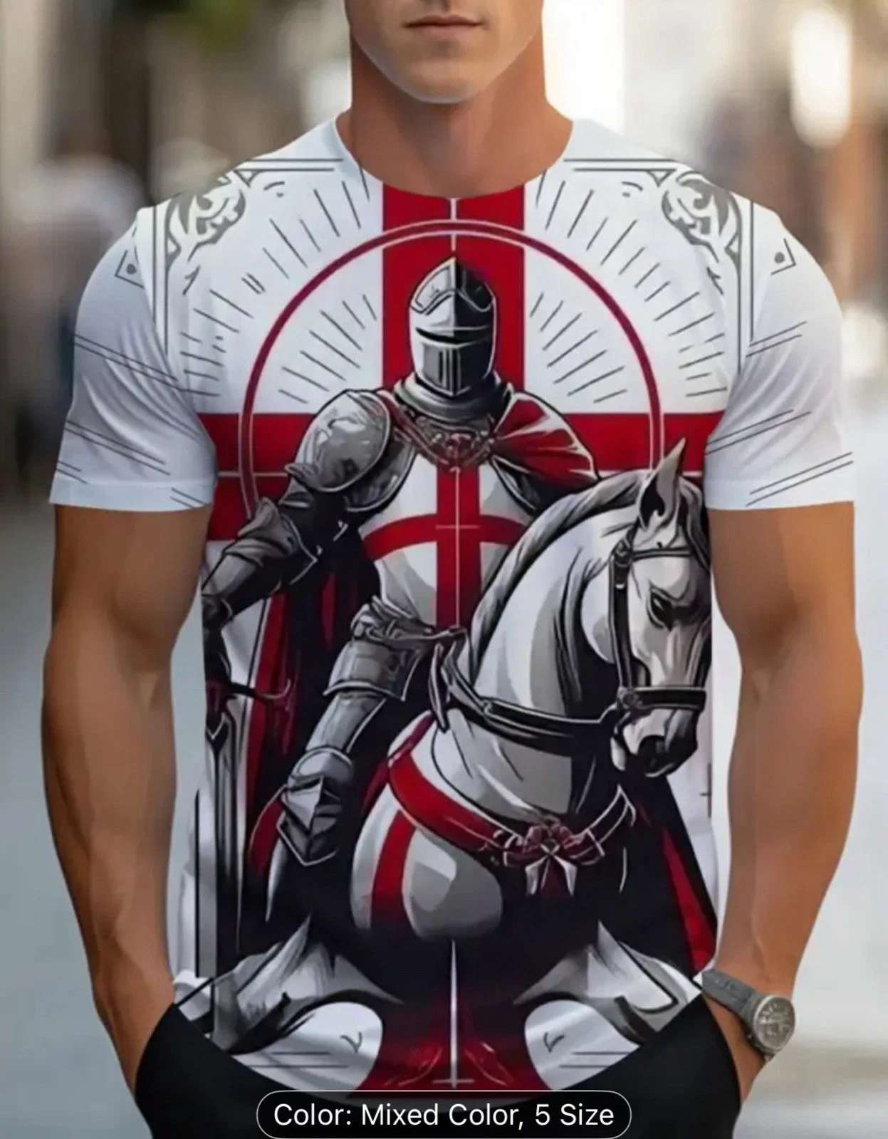 Men’s Medieval Knight Graphics T-shirt Light Shirt with St George’s Cross
