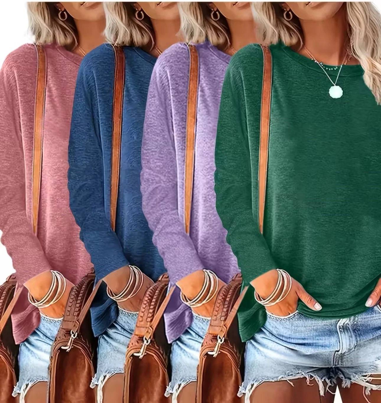 3 Pcs Womens Plus Sizes Long Sleeve Crew Neck T-shirt Soft Stretch Round Neck